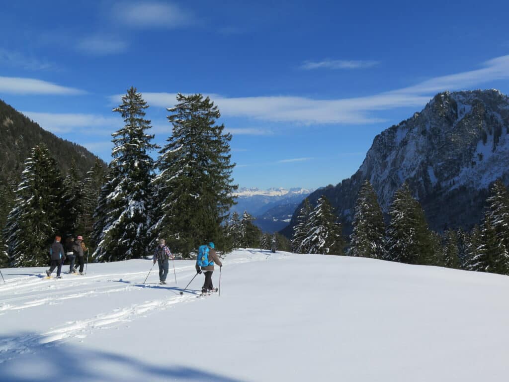 Wanderer im verschneiten Bergwald, sonniger Tag.